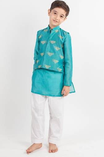 Teal embroidered cotton nehru jacket set
