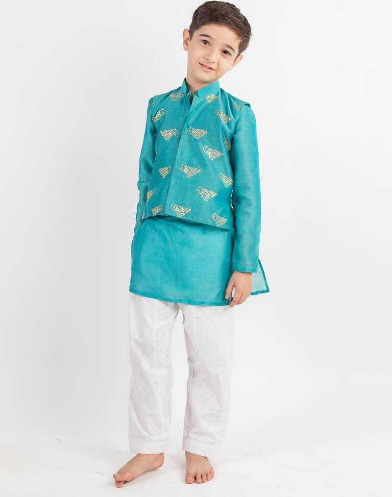 Teal embroidered cotton nehru jacket set