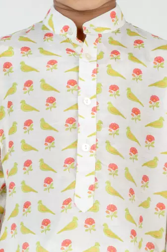 White printed cotton kurta pyjama