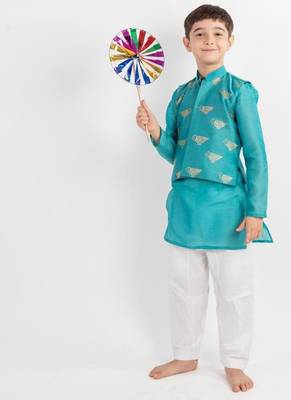 Teal embroidered cotton nehru jacket set 4
