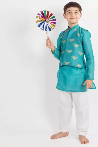Teal embroidered cotton nehru jacket set