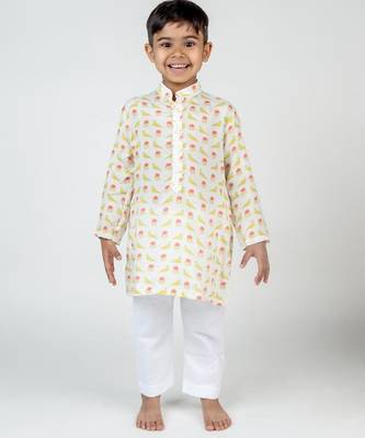 White printed cotton kurta pyjama 1