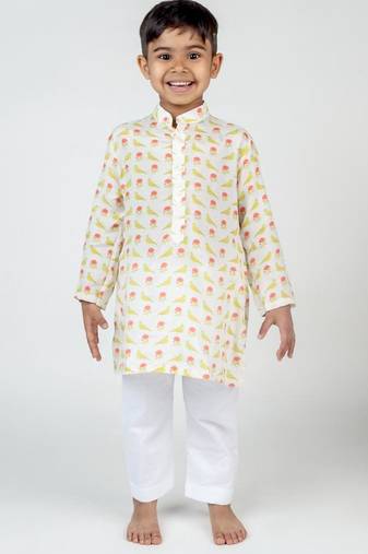 White printed cotton kurta pyjama