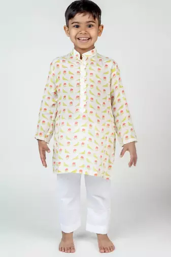 White printed cotton kurta pyjama