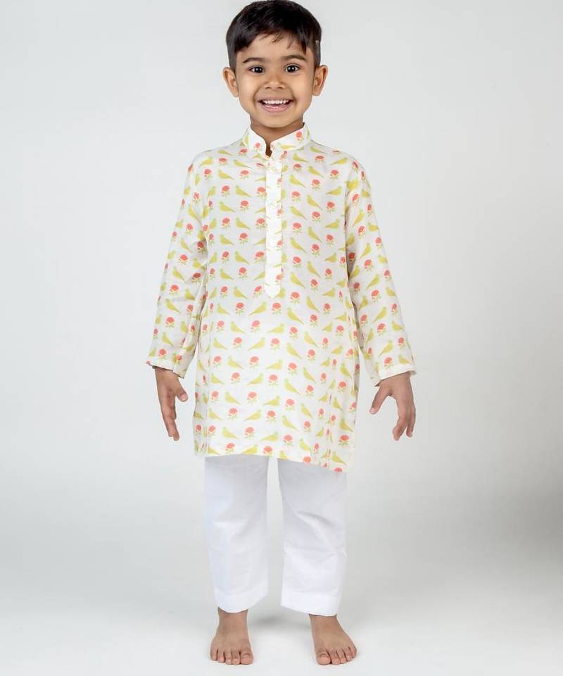 White printed cotton kurta pyjama