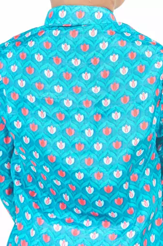 Blue printed cotton kurta pyjama