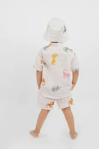 Pink printed Linen Co Ord Set with cap