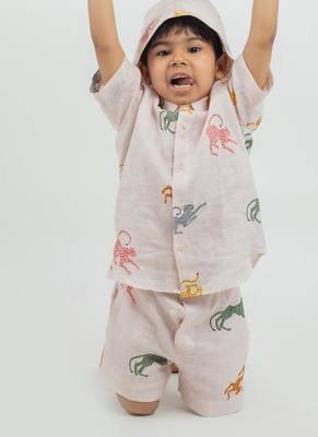 Pink printed Linen Co Ord Set with cap 3