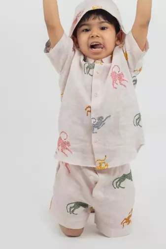 Pink printed Linen Co Ord Set with cap