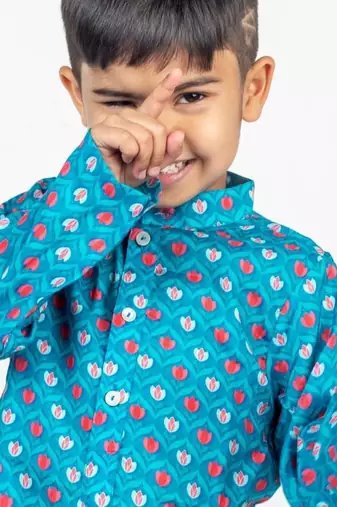Blue printed cotton kurta pyjama