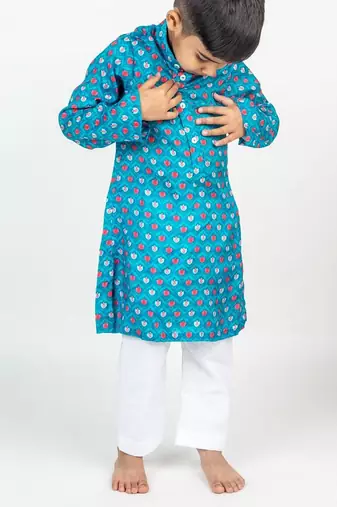 Blue printed cotton kurta pyjama