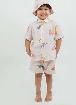 Pink printed Linen Co Ord Set with cap 1