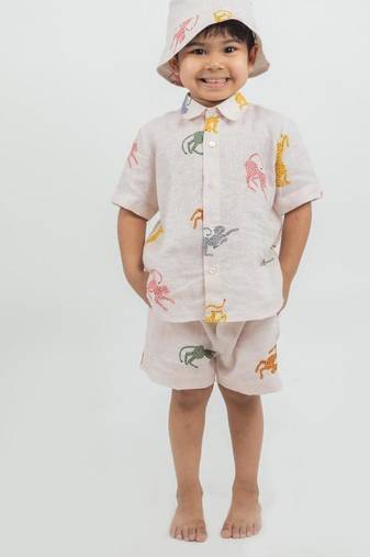 Pink printed Linen Co Ord Set with cap