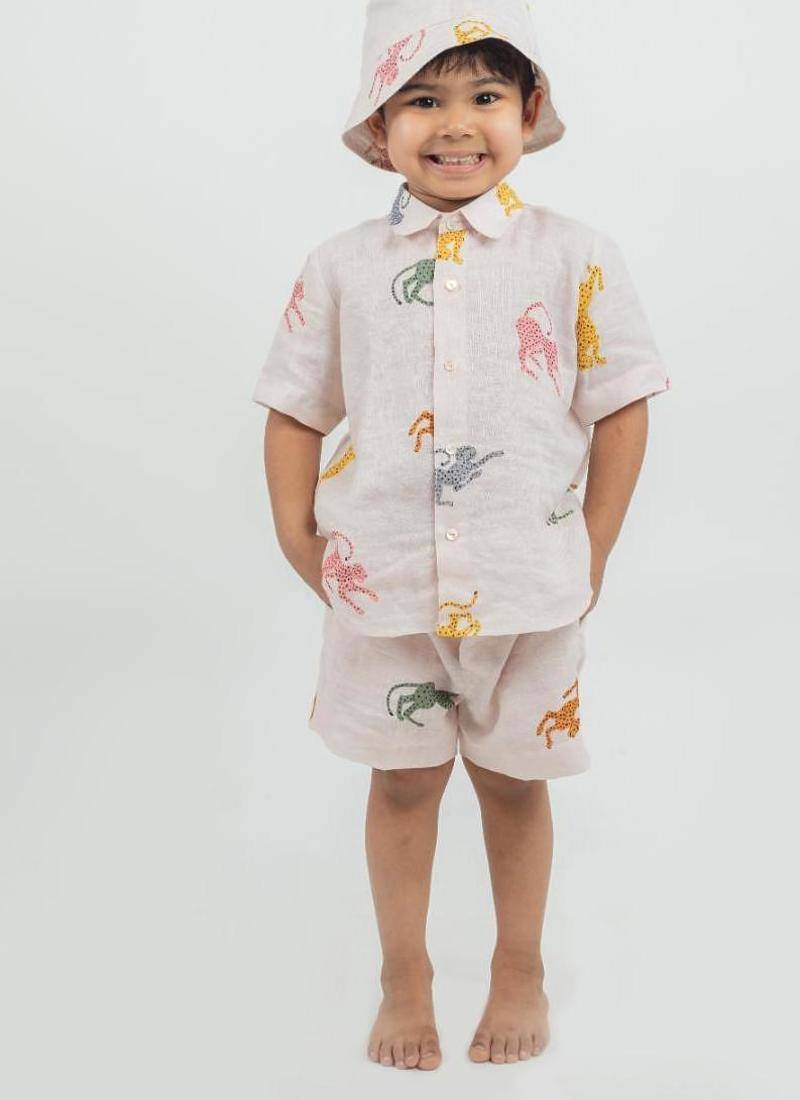 Pink printed Linen Co Ord Set with cap
