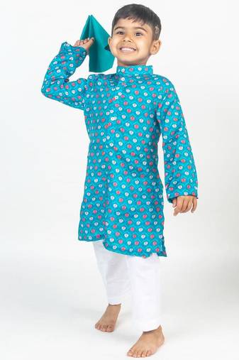 Blue printed cotton kurta pyjama