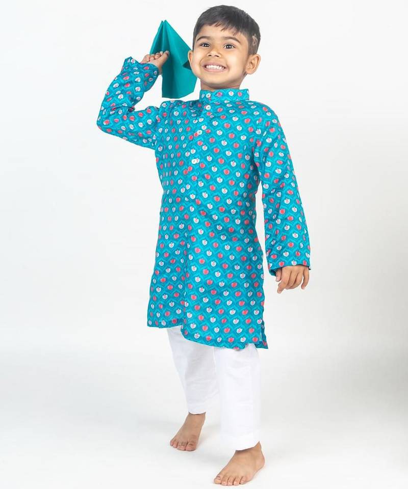 Blue printed cotton kurta pyjama