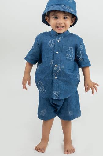 Blue embroidered Linen Co Ord Set with cap