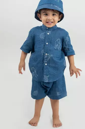 Blue embroidered Linen Co Ord Set with cap