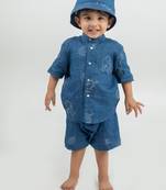 Blue embroidered Linen Co Ord Set with cap