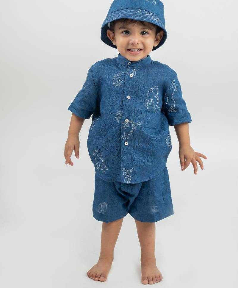Blue embroidered Linen Co Ord Set with cap