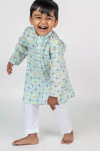 White printed cotton kurta pyjama