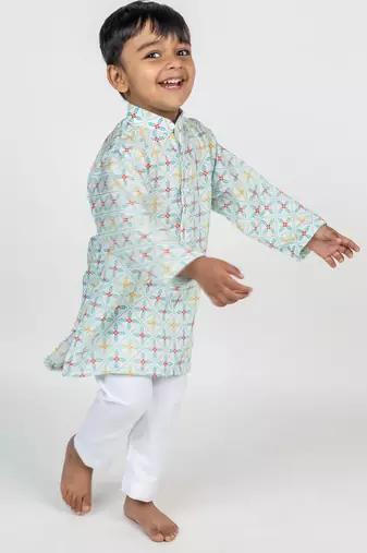 White printed cotton kurta pyjama