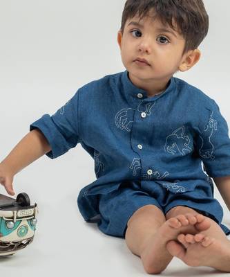 Blue embroidered Linen Co Ord Set with cap 3