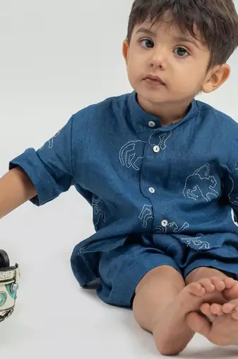 Blue embroidered Linen Co Ord Set with cap