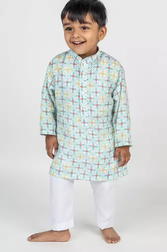 White printed cotton kurta pyjama