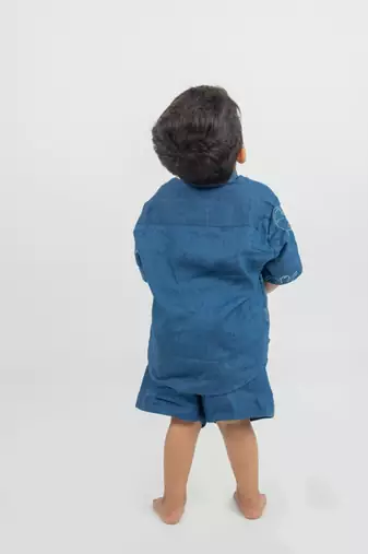Blue embroidered Linen Co Ord Set with cap