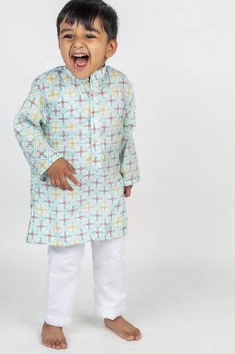 White printed cotton kurta pyjama
