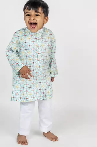 White printed cotton kurta pyjama