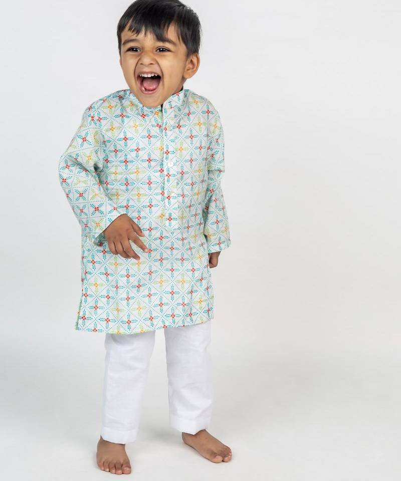 White printed cotton kurta pyjama