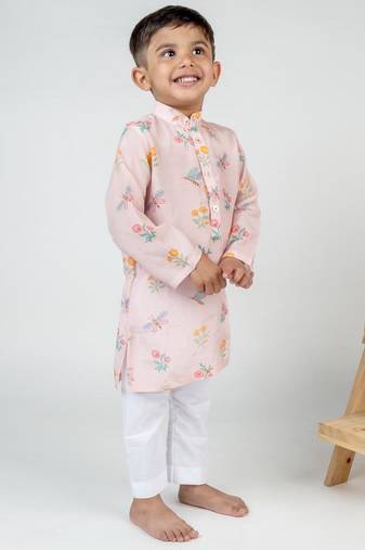 Pink printed cotton kurta pyjama