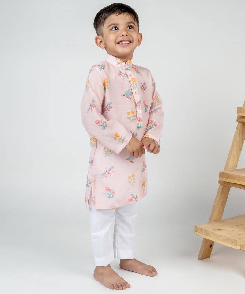 Pink printed cotton kurta pyjama