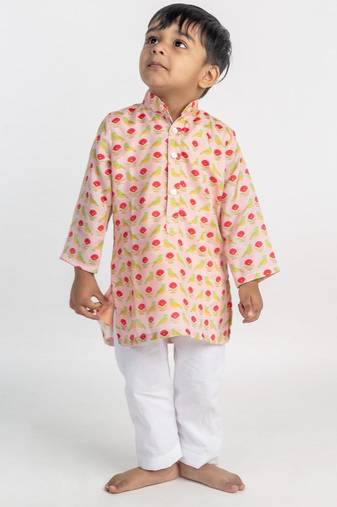 Peach printed cotton kurta pyjama