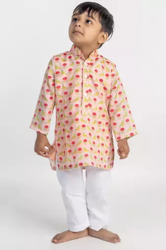 Peach printed cotton kurta pyjama