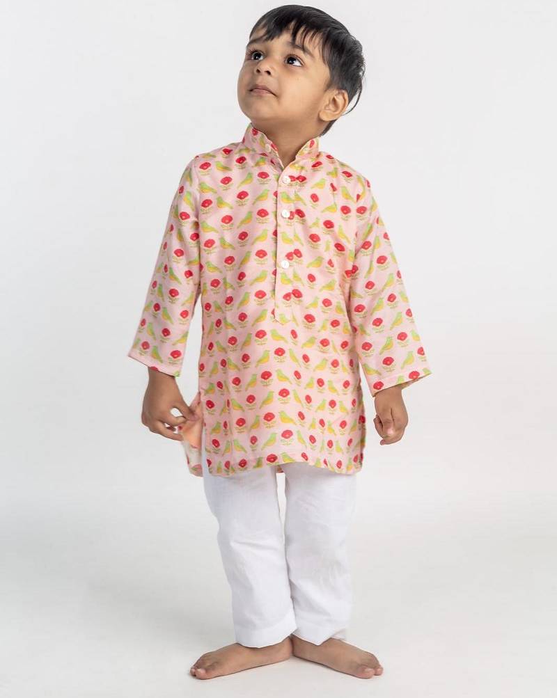 Peach printed cotton kurta pyjama