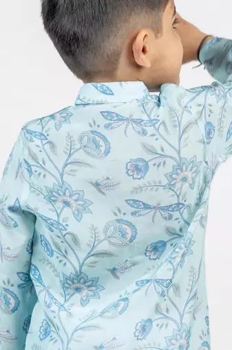 Blue printed cotton kurta pyjama