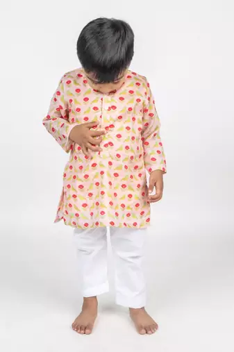 Peach printed cotton kurta pyjama