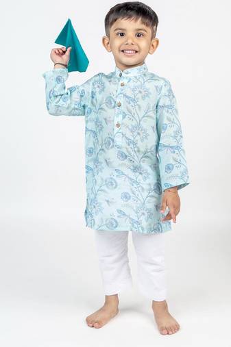 Blue printed cotton kurta pyjama