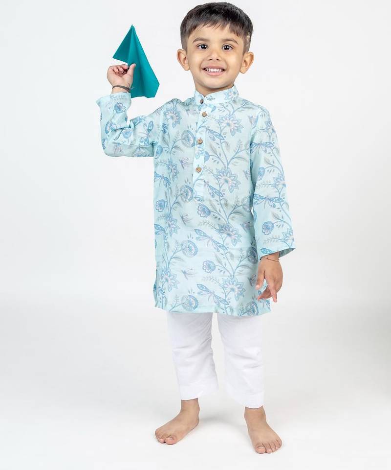 Blue printed cotton kurta pyjama