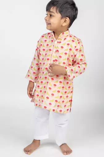 Peach printed cotton kurta pyjama