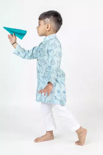 Blue printed cotton kurta pyjama