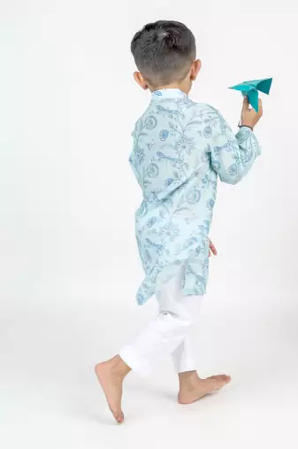 Blue printed cotton kurta pyjama