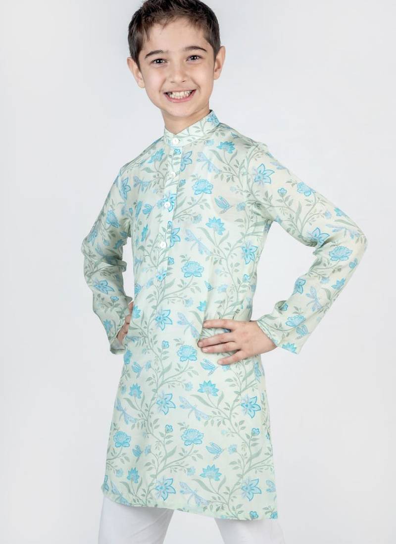 Green printed cotton kurta pyjama