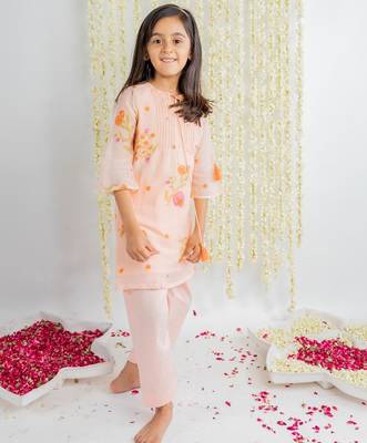 Peach printed cotton kurta set 4