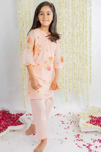 Peach printed cotton kurta set