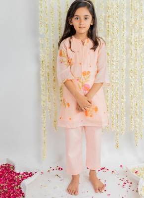 Peach printed cotton kurta set 1