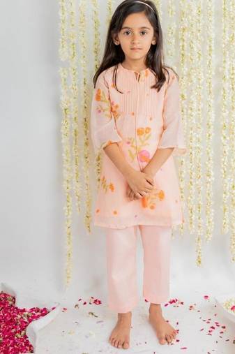 Peach printed cotton kurta set